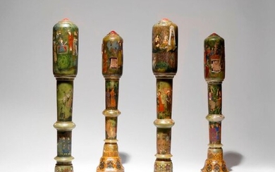 FOUR INDIAN MARBLE CHARPOY LEGS 19TH CENTURY Painted with nobles,...