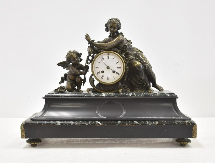 FRENCH BRONZE & MARBLE MANTLE CLOCK