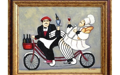 FRENCH CHEF ON A BICYCLE SIGNED OIL PAINTING