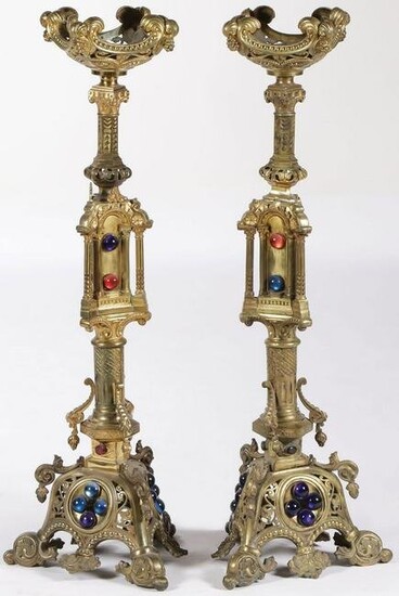FRENCH GOTHIC BRONZE CANDLE STANDS 19TH C