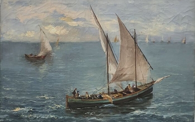 Federico Morello (1885-1945) - Marina con barche e pescatori