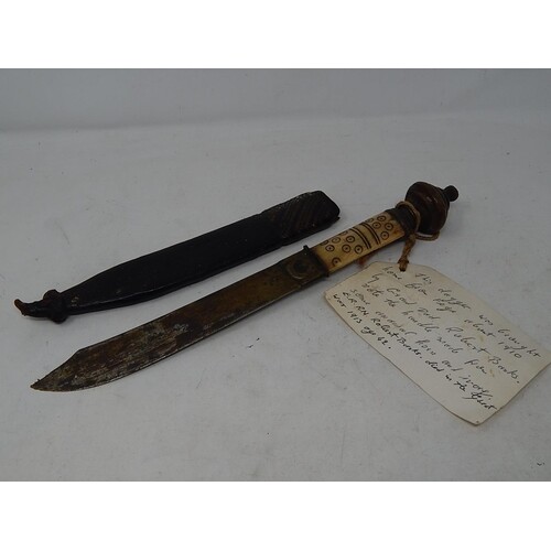 Fijian Dagger in Detailed Leather Scabbard with Label Attach...