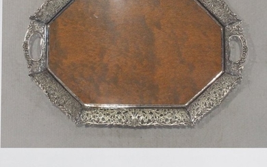Fine Fancy Border Silver Plate Serving Tray Wood Center
