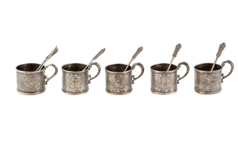 Five early 20th century Persian (Iranian) unmarked silver tea glass holders, Isfahan, circa 1930