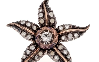 Flower brooch RG 750/000 and silver, unmarked, expertized, with white, round-faced gemstones, diameter 41 mm, 14.1 g