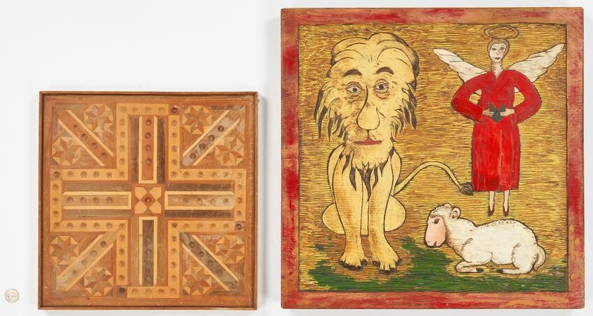 Folk Art Carved Lion & Lamb w/ Marquetry Game