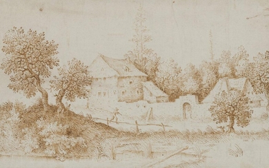 Follower of Pieter Brueghel the Elder, Flemish c.1525-1569- Landscape with farm buildings; pen and red and brown ink on paper, 11.7 x 19.5 cm. Provenance: With P. & D. Colnaghi & Co., London.; Private Collection, UK, since 1966.; By descent.