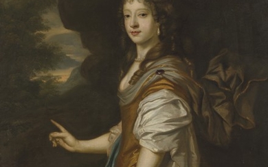 Follower of Sir Peter Lely, Portrait of a lady, three-quarter-length, in a golden dress and blue wrap, a landscape beyond