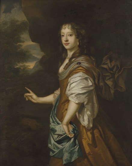 Follower of Sir Peter Lely, Portrait of a lady, three-quarter-length, in a golden dress and blue wrap, a landscape beyond