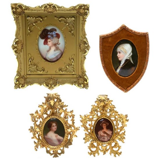 Four Framed Portraits on Porcelain of Young Women.
