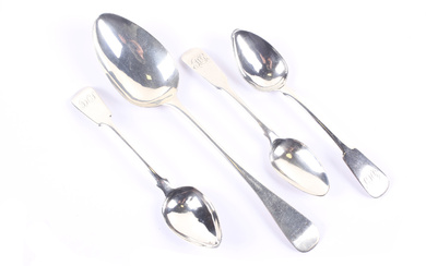 Four George II and later spoons including a George III Channel Islands