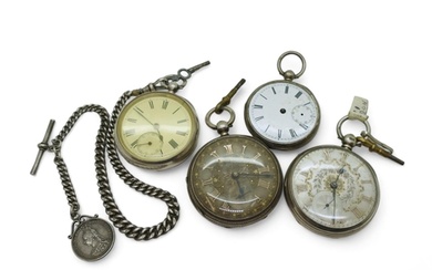 Four silver pocket watches, a silver 1871 watch with a decor...