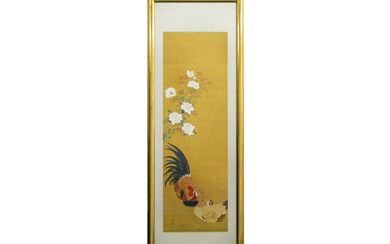Framed Chinese painting : "Rooster and Chicken in landscape" - 114 x 37 marked prov : collection "Jeannette Boy" (Schleiper) ||framed Chinese "Cock and Hen" painting - marked former collection of Jeanette Boy (Schleiper)