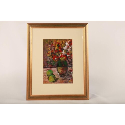 Framed Still Life of Flowers and Fruit, by T. Drew; (20th / ...