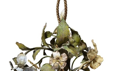 French Art Nouveau Polychromed Iron Four Light Floral Chandelier, early 20th c., H.- 32 in., Dia.