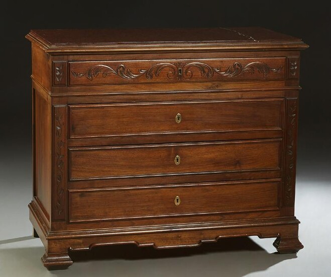 French Carved Walnut Marble Top Commode, c. 1870, the