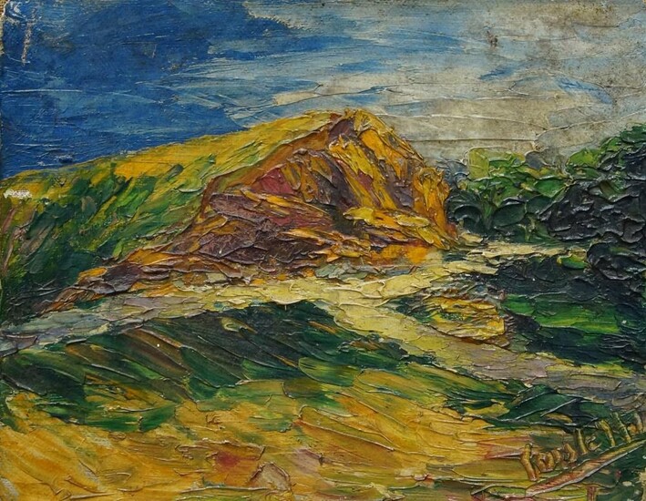 French School, 20th century- Landscape with a hill; oil on canvas, signed indistinctly (lower right), 18.8 x 23.8 cm: British School, early 20th century- Figures by a river with a church spire behind; oil on panel, 18.5 x 27.7 cm (unframed) (2)