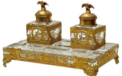 French Vermeil & Baccarat Cut Glass Inkstand with Eagle Finials c1850