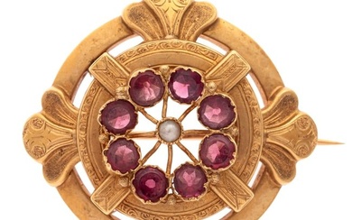 French Victorian Garnet, Seed Pearl, 18k Pin
