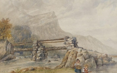 G.C. Loftus, early/mid-19th century- Children fishing by a bridge; watercolour heightened with white, signed and dated '1859' lower left, 22 x 28.5 cm