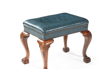 GEORGE II WALNUT AND LEATHER UPHOLSTERED STOOL MID 18TH