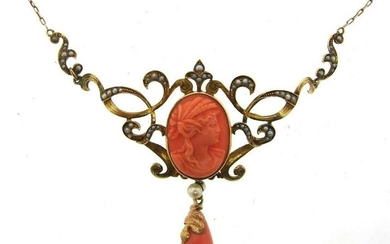 GORGEOUS 14k Yellow Gold, Coral & Seed Pearl Necklace