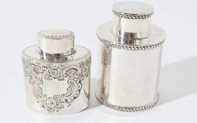George V silver tea caddy of cylindrical form with push fit cover and gadrooned borders (Chester 1915) together with another similar silver tea caddy (Sheffield 1894) all at 7oz, larger caddy 10cm...
