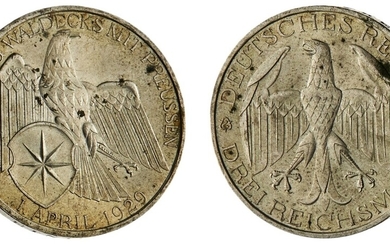 Germany. Weimar. 3 Reichsmark, 1929 A. Waldeck-Prussia Union. Eagle with lowered wings braces W...
