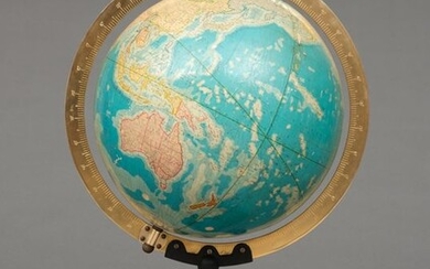 Globe - Brass, Paper, Wood - Okumura Koshiyama Company - Exceptionally large vintage Japanese globe encased in a brass protractor, on a dark stained base. - Japan - Shōwa period (1926-1989)