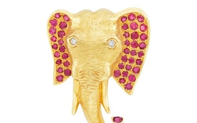 Gold, Ruby and Diamond Elephant Head Brooch
