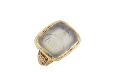 Gold and Agate Cameo Ring and Antique Low Karat Gold and White Chalcedony Crest Signet Ring