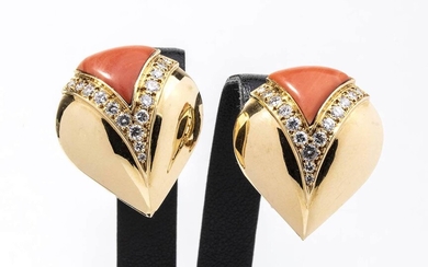Gold, diamonds and coral earrings - by BVLGARI, 1960s 18k yellow gold embellished whit triangle...