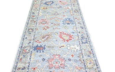 Gray, Afghan Angora Oushak, Pure Wool Hand Knotted Wide Runner Rug