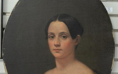 Gray oil on canvas, oval portrait of a young woman