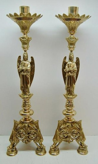 Great Pair of Ornate Baroque Angel Altar Brass