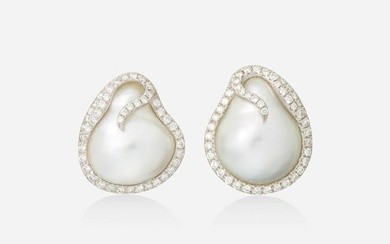 Grey baroque cultured pearl, diamond, and white gold earrings