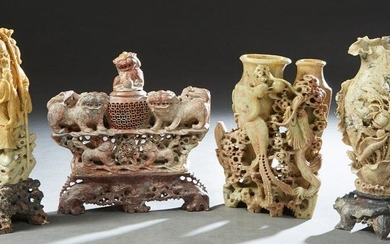Group of Four Chinese Carved Soapstone Items, early