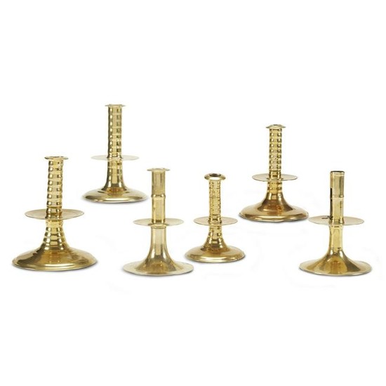 Group of six rare "trumpet base" candlesticks, English