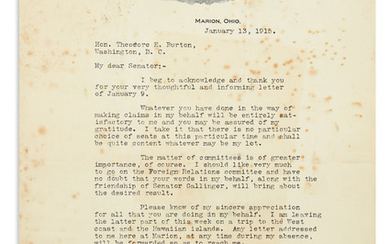 HARDING, WARREN G. Typed Letter Signed, "WGHarding," as Senator-Elect, to Senator Theodore E....