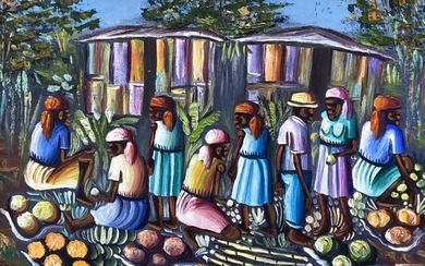 Haitian Modernist Village Scene, Signed