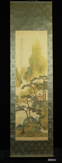Hanging scroll, Painting - Silk - 'Sesson' 石村 - Seiryoku landscape - With signature and seal 'Sesson' 石村 - Japan - 1920-1940(Taisho-Early Showa period)