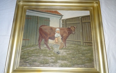 Hans Kruuse: Girl with milk bucket. Signed H. Kruuse. Oil on canvas. 65×58 cm.
