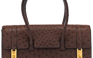 Hermès 32cm Cacao Ostrich Drag Bag with Gold Hardware...