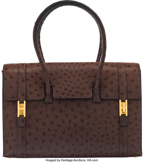 Hermès 32cm Cacao Ostrich Drag Bag with Gold Hardware...