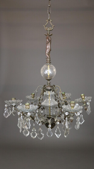 Historicism ceiling chandelier - France, bronze / glass, 6 lights.