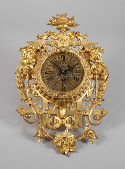 Horloge cartels en bronze allemande, 2e moitié du 19e s., marque A.T. geschützt au dos,...
