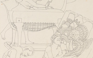 I Gusti Nyoman Lempad (1862-1978) 'Sketch of artists preparing funeral statues', pencil on paper. H. 38 cm. W. 41 cm. Unframed. Provenance: Collection Mead Bateson 1937 (ref. L 1110); Collection the Netherlands.