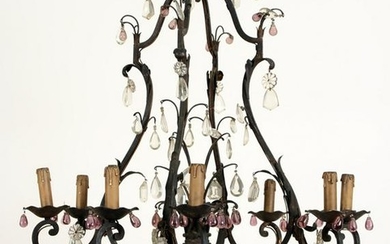 ITALIAN IRON CHANDELIER CLEAR AMBER PRISMS C.1960