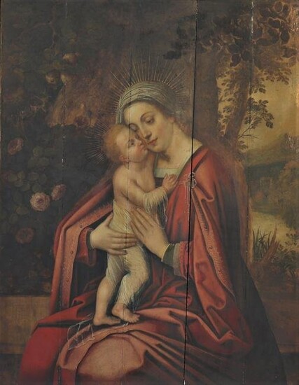 Imposing oil on panel (1m20) "Madonna and Child" late 16th Flemish school.
