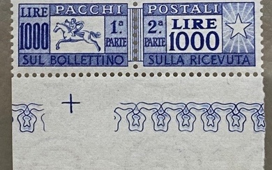 Italian Republic 1954 - Lire 1000 ultramarine light blue Cavallino with MNH border** - Sassone N. 81/I